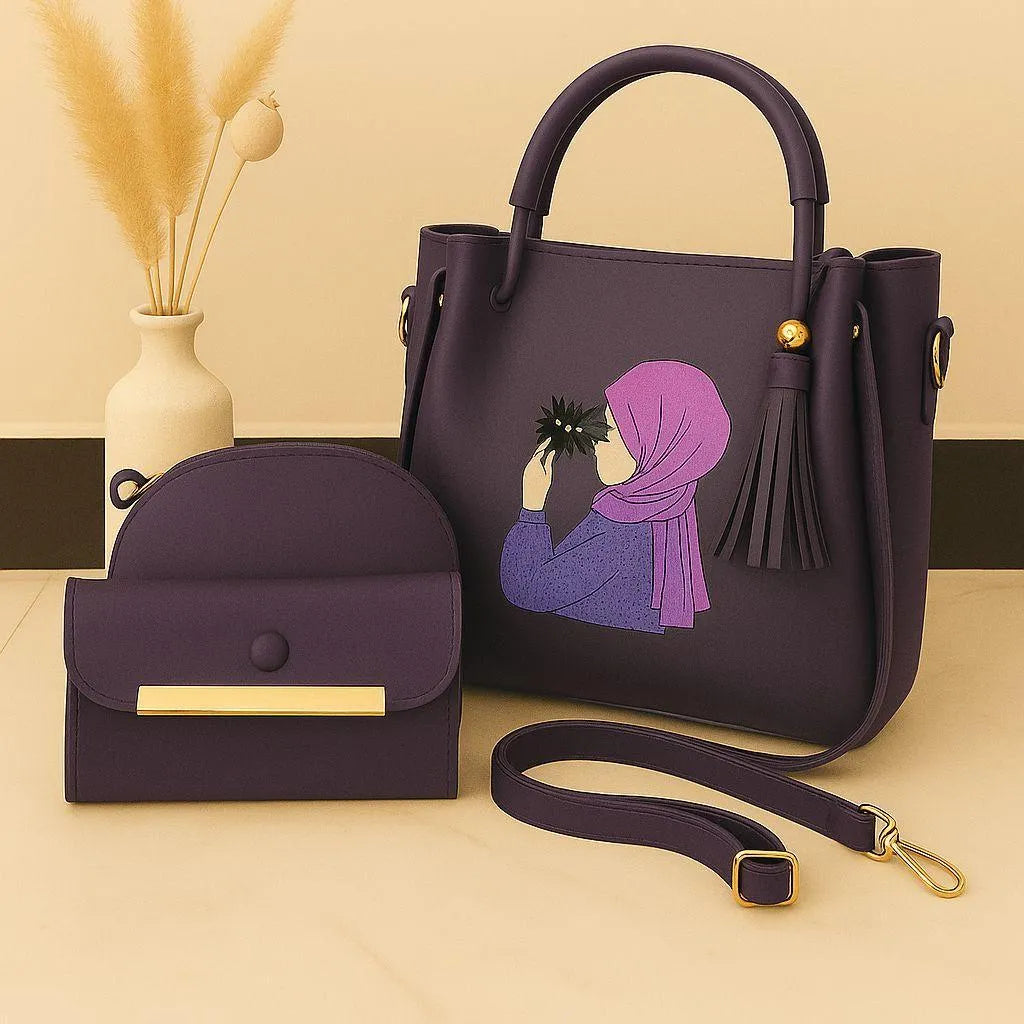 Trendy 3 Pcs Girl’s Rexine Hand Bag Set – Plain Top Handle (Black)