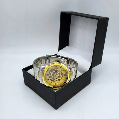 Men’s Skeleton Mechanical Watch – Two-Tone Gold & Silver Chain Strap